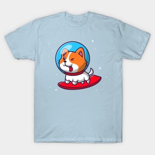 Cute astronaut Dog Surfing in Space Cartoon T-Shirt